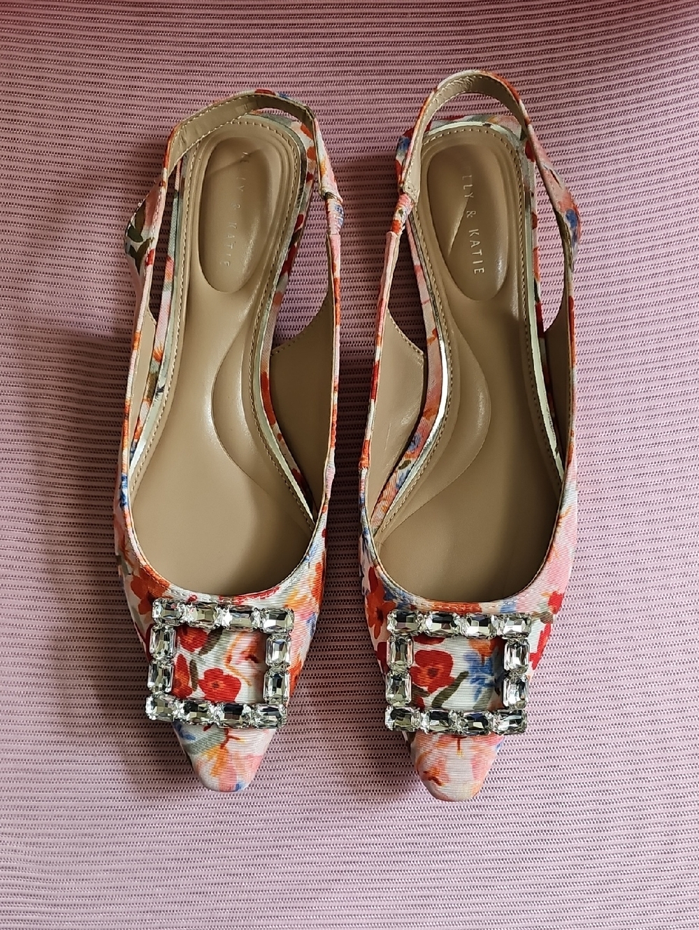 Kelly & Katie Pink Floral Slingback Flats with Jewel Buckle